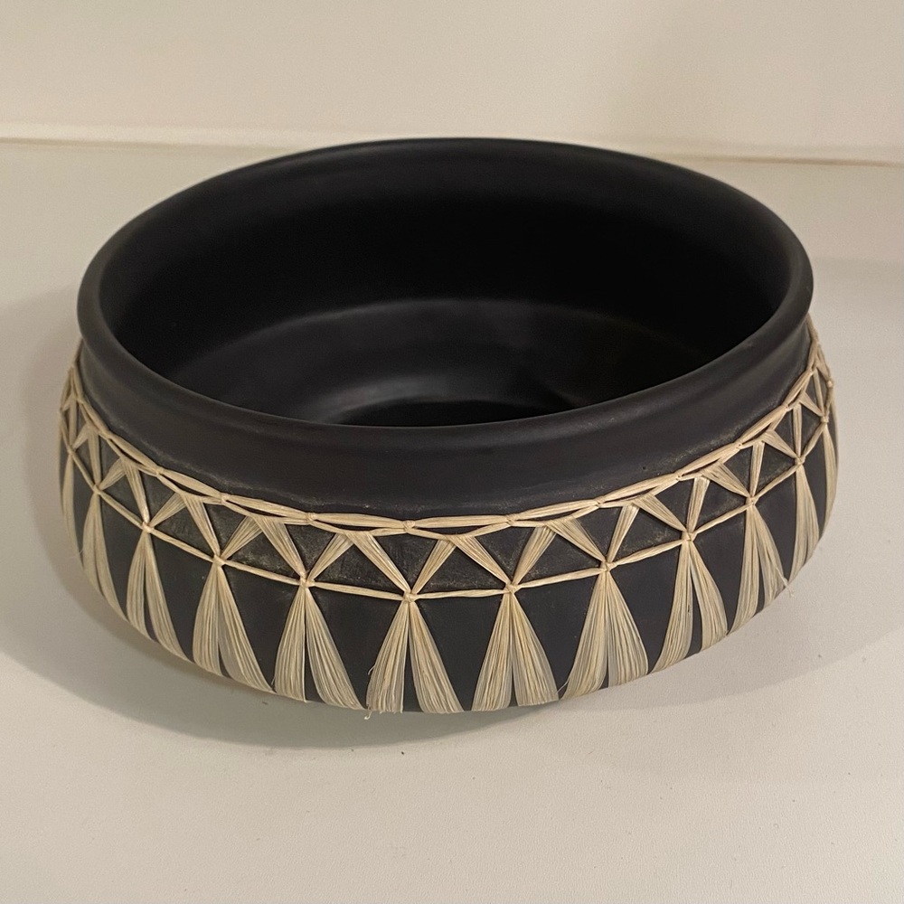 Vintage Raffia Wrapped Black Planter, Gmundner Keramik, Made in Austria